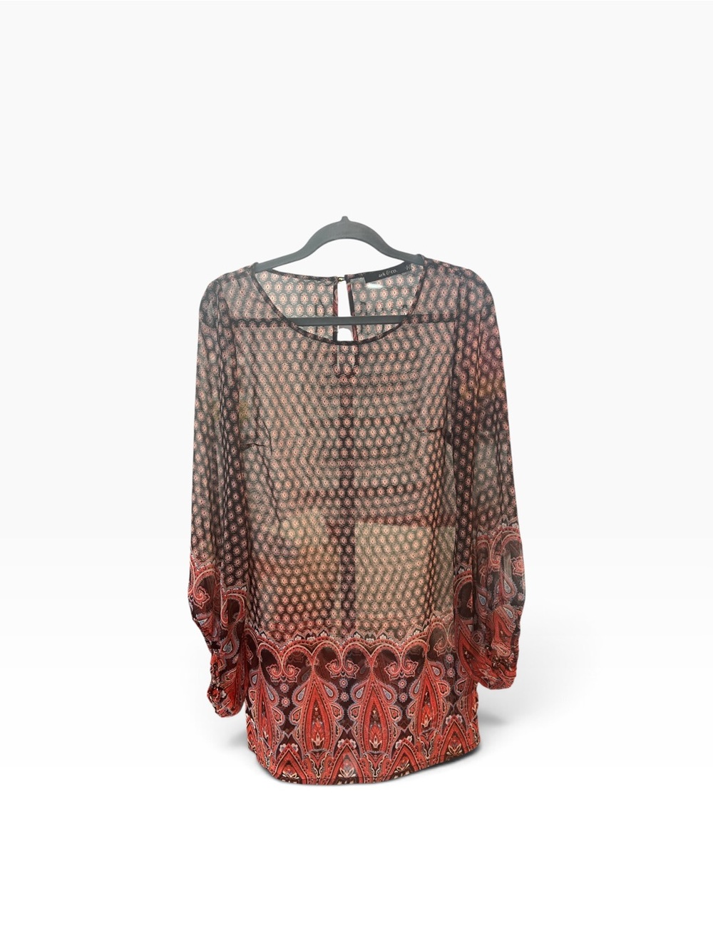 Ark & Co Black Sheer Long-Sleeve Blouse with Red Paisley Hem